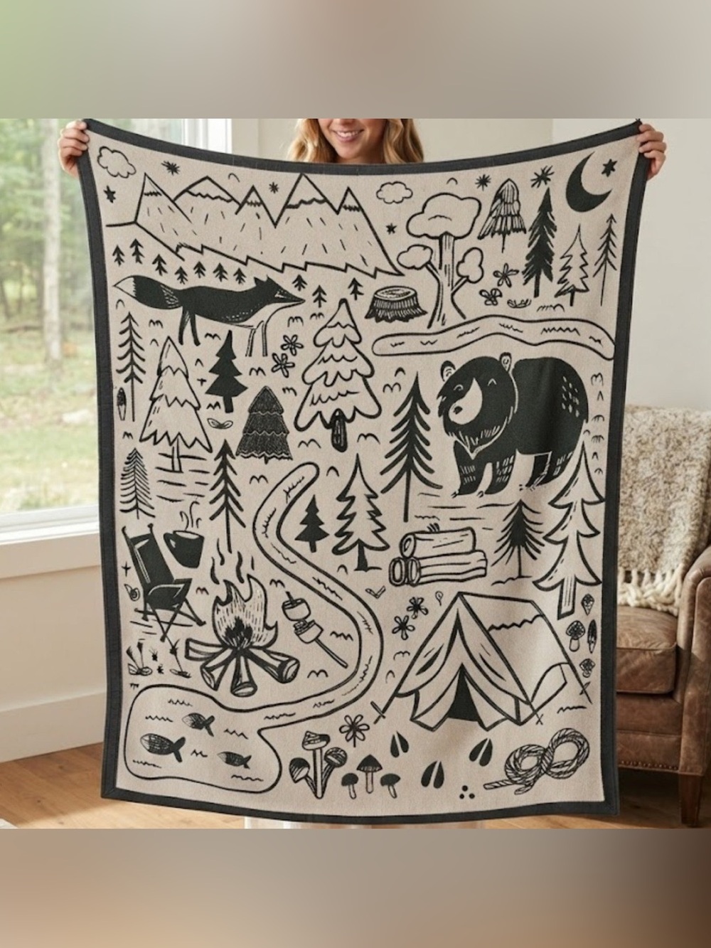 Camping Forest Bear Nature Theme Soft Woven Gildan Blanket